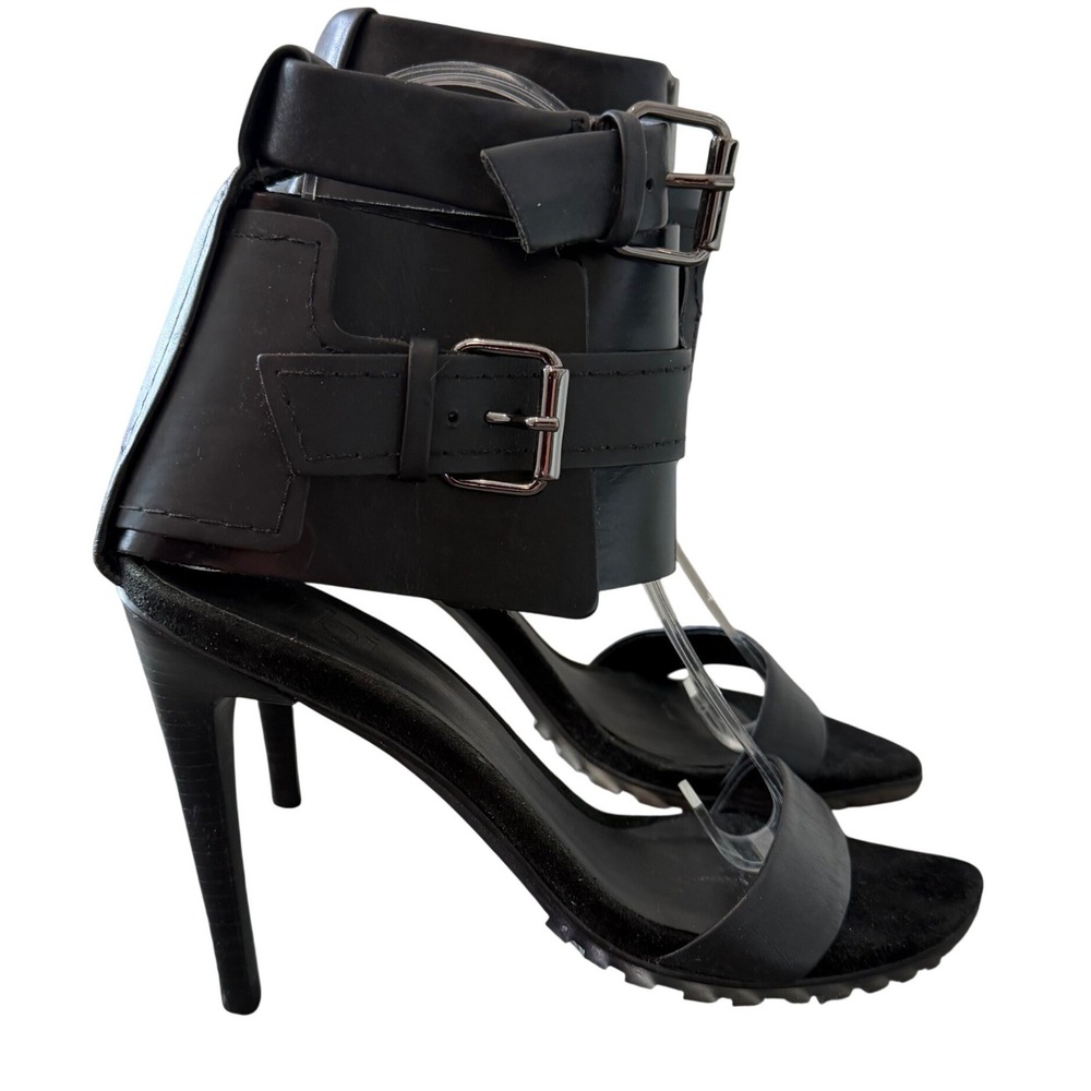 Tibi Black Leather Wide Ankle Cuff Buckle Stiletto Heels Size 36 Made in Brazil
